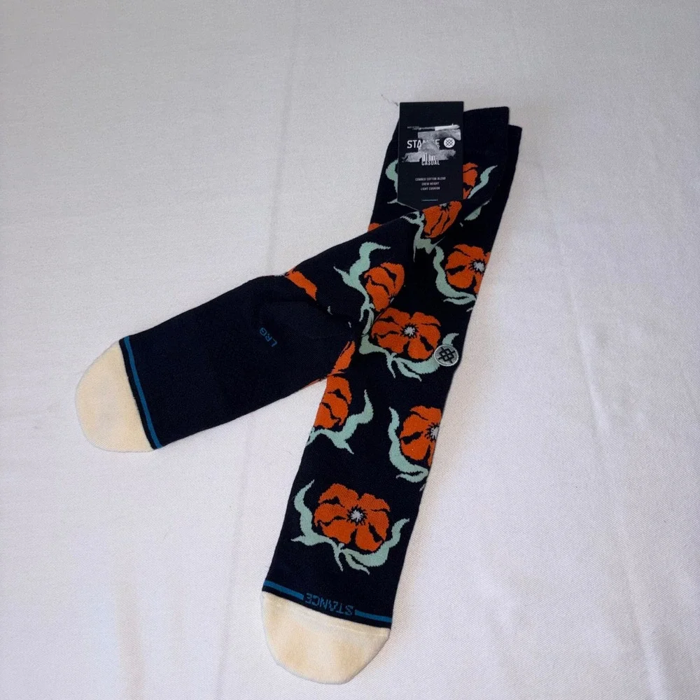 Stance Broadcast Floral Crew Socks Black Orange Large BLK NEW‎